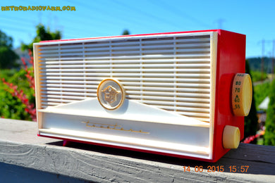 SOLD! - Dec 8, 2016 - BLUETOOTH MP3 READY - Red and White Mid Century Retro Jetsons 1957 Truetone Model DC2854 Tube AM Radio Works!
