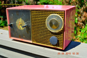 SOLD! - Feb 21, 2016 - RUBY RED GRAPEFRUIT Pink Retro Jetsons 1956 Philco E742-124 Tube AM Clock Radio Works! - [product_type} - Philco - Retro Radio Farm