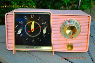 SOLD! - July 21, 2015 POWDER PINK Mid Century Jetsons 1959 General Electric Model C-406A Tube AM Clock Radio Totally Restored!