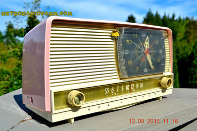SOLD! - Oct 21, 2016 - BEAUTIFUL Powder Pink And White Retro Jetsons 1956 RCA Victor 9-C-71 Tube AM Clock Radio WORKS!