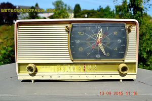 SOLD! - Oct 21, 2016 - BEAUTIFUL Powder Pink And White Retro Jetsons 1956 RCA Victor 9-C-71 Tube AM Clock Radio WORKS! - [product_type} - Vintage Radio - Retro Radio Farm