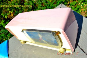 SOLD! - Oct 21, 2016 - BEAUTIFUL Powder Pink And White Retro Jetsons 1956 RCA Victor 9-C-71 Tube AM Clock Radio WORKS! - [product_type} - Vintage Radio - Retro Radio Farm