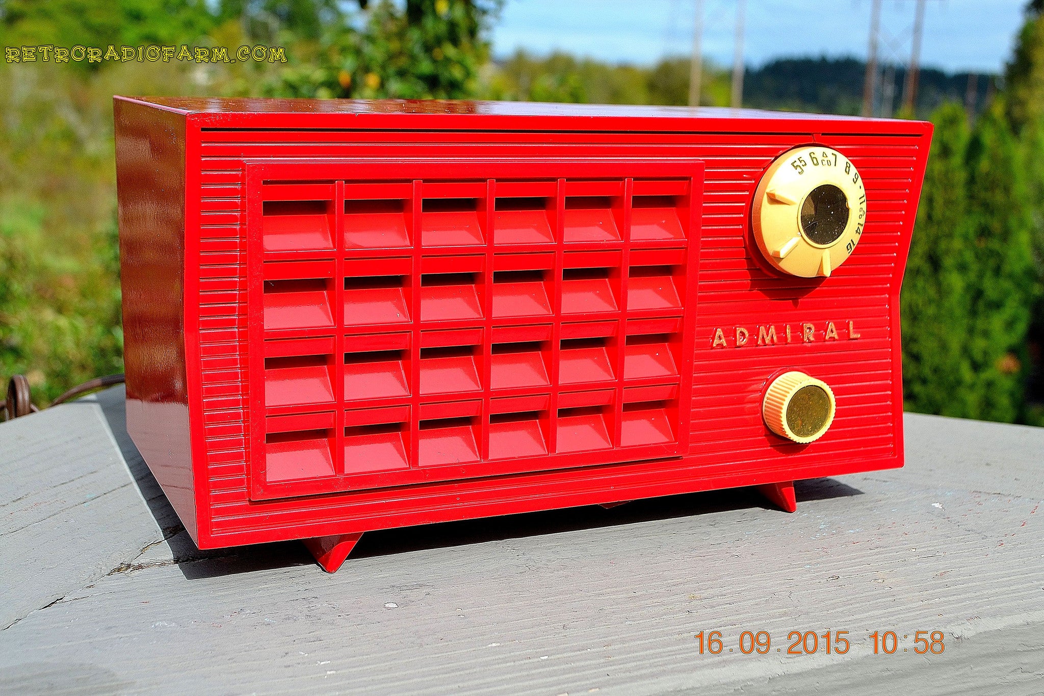 SOLD! - Sept 25, 2015 - BLUETOOTH MP3 READY - Lipstick Red Retro Jetsons 1955 Admiral Model 5R3 Tube AM Radio Totally Restored! - [product_type} - Admiral - Retro Radio Farm