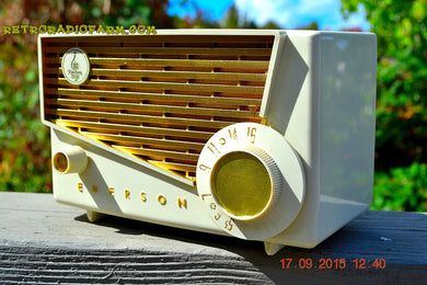 売れました！ - 2016 年 1 月 9 日 - Bluetooth MP3 対応 - ロコッコ アイボリーとゴールドのレトロ ヴィンテージ 1957 エマーソン 851 AM 真空管ラジオが完全に復元されました。
