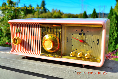 SOLD! - Oct 28, 2016 - PRINCESS PINK Retro Jetsons 1957 Motorola 57CC Tube AM Clock Radio Totally Restored! - [product_type} - Motorola - Retro Radio Farm