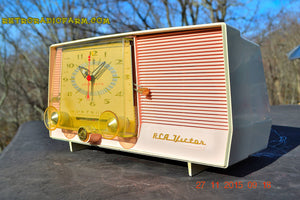 SOLD! - Dec 14, 2015 - BLUETOOTH MP3 READY - Pink and White Retro Jetsons Vintage 1957 RCA C-4FE AM Tube Clock Radio Totally Restored! - [product_type} - RCA Victor - Retro Radio Farm