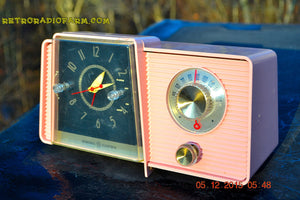 SOLD! - Mar 24, 2016 - POWDER PINK Mid Century Jetsons 1959 General Electric Model C-406A Tube AM Clock Radio Works Great Some Issues - [product_type} - General Electric - Retro Radio Farm