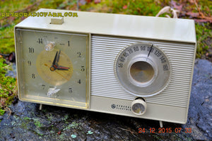 SOLD! - Feb 20, 2016 - OLIVE TAUPE Mid Century Jetsons 1959 General Electric Model C-305A Tube AM Clock Radio Totally Restored! - [product_type} - General Electric - Retro Radio Farm