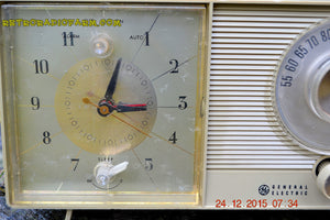 SOLD! - Feb 20, 2016 - OLIVE TAUPE Mid Century Jetsons 1959 General Electric Model C-305A Tube AM Clock Radio Totally Restored! - [product_type} - General Electric - Retro Radio Farm