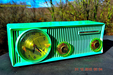 SOLD! - Jan 15, 2016 - SEA GREEN BEAUTY Retro Jetsons 1957 Motorola 57CS Tube AM Clock Radio Works! Quiet Clock!