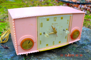 SOLD! - Mar 5, 2016 - PINK MARTINI Vintage Mid Century Retro Jetsons 1959 Bulova Model 170 Tube AM Clock Radio WORKS! - [product_type} - Bulova - Retro Radio Farm