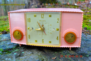 SOLD! - Mar 5, 2016 - PINK MARTINI Vintage Mid Century Retro Jetsons 1959 Bulova Model 170 Tube AM Clock Radio WORKS! - [product_type} - Bulova - Retro Radio Farm