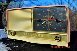 SOLD! - May 3, 2016 - BEAUTIFUL Powder Pink And White Retro Jetsons 1958 RCA Victor 9-C-71 Tube AM Clock Radio Works Great! - [product_type} - Vintage Radio - Retro Radio Farm