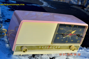 SOLD! - May 3, 2016 - BEAUTIFUL Powder Pink And White Retro Jetsons 1958 RCA Victor 9-C-71 Tube AM Clock Radio Works Great! - [product_type} - Vintage Radio - Retro Radio Farm