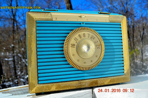 SOLD! - Dec 9, 2017 - CLEOPATRA Teal and Gold Vintage Antique Mid Century 1955 Bulova Companion Model 206 Portable Tube AM Radio Bling! Bling! - [product_type} - Bulova - Retro Radio Farm