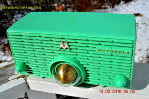 SOLD! - Aug 7, 2016 - HOLY GRAIL Turbine in SEA GREEN Mid Century Retro Jetsons 1957 Motorola 56H Tube AM Radio Works Amazing! - [product_type} - Motorola - Retro Radio Farm