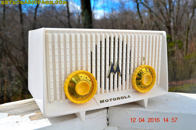 SOLD! - Apr 13, 2016 - BLUETOOTH MP3 READY - Alpine White Retro Jetsons 1958 Motorola Model 56R Tube AM Clock Radio Totally Restored!