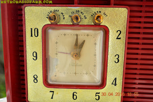 SOLD! - Dec. 14, 2017 - CARDINAL RED Retro Space Age 1955 Sylvania R5484-5768 Tube AM Clock Alarm Radio Almost Pristine! - [product_type} - Sylvania - Retro Radio Farm
