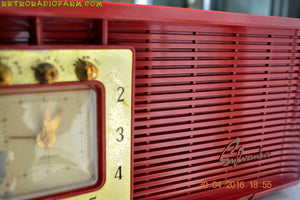 SOLD! - Dec. 14, 2017 - CARDINAL RED Retro Space Age 1955 Sylvania R5484-5768 Tube AM Clock Alarm Radio Almost Pristine! - [product_type} - Sylvania - Retro Radio Farm