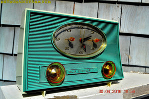 SOLD! - July 11, 2016 - TURQUOISE-ISH and Ivory-ish Retro Jetsons Vintage 1959 RCA Victor Model 1-RD-45 AM Tube Clock Radio Totally Restored! - [product_type} - RCA Victor - Retro Radio Farm