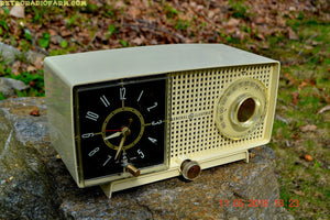 SOLD! - May 25, 2016 - BLUETOOTH MP3 READY - Ivory Beige Mid Century Jetsons 1959 General Electric Model C-435A Tube AM Clock Radio Totally Restored! - [product_type} - General Electric - Retro Radio Farm