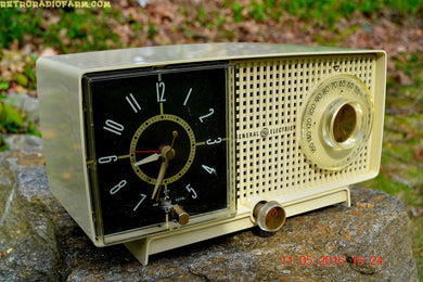 SOLD! - May 25, 2016 - BLUETOOTH MP3 READY - Ivory Beige Mid Century Jetsons 1959 General Electric Model C-435A Tube AM Clock Radio Totally Restored!