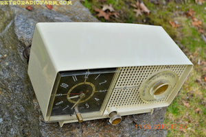 SOLD! - May 25, 2016 - BLUETOOTH MP3 READY - Ivory Beige Mid Century Jetsons 1959 General Electric Model C-435A Tube AM Clock Radio Totally Restored! - [product_type} - General Electric - Retro Radio Farm