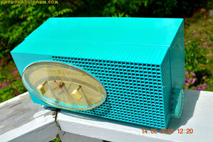 SOLD! - May 24, 2016 - BLUETOOTH MP3 READY - Turquoise Mid Century Retro Jetsons 1956 Sylvania Model 6006 Tube AM Clock Radio Totally Restored! - [product_type} - Sylvania - Retro Radio Farm