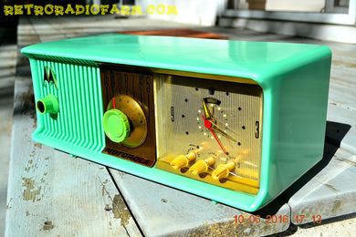 SOLD! - Nov 29, 2017 - SEA GREEN Never-Before-Seen-Never-Knew-Existed Retro Jetsons 1957 Motorola 57CC Tube AM Clock Radio Totally Restored!