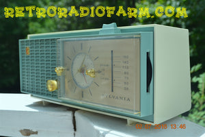 SOLD! - Nov 14, 2016 - SLATE BLUE Mid Century Retro Jetsons 1964 Sylvania Model AK22 Tube AM Clock Radio Totally Restored! - [product_type} - Sylvania - Retro Radio Farm
