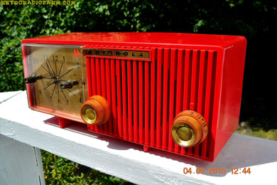 SOLD! - Oct 25, 2016 - CARDINAL Red Retro Jetsons 1957 Motorola Model 56CS34 Tube AM Clock Radio Totally Restored!