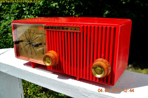 SOLD! - Oct 25, 2016 - CARDINAL Red Retro Jetsons 1957 Motorola Model 56CS34 Tube AM Clock Radio Totally Restored!