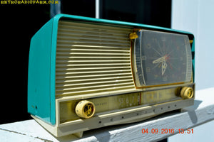 SOLD! - Oct 22, 2016 - BEAUTIFUL Turquoise And White Retro Jetsons 1958 RCA Victor 9-C-71 Tube AM Clock Radio Works Great But Has Cracks! - [product_type} - RCA Victor - Retro Radio Farm