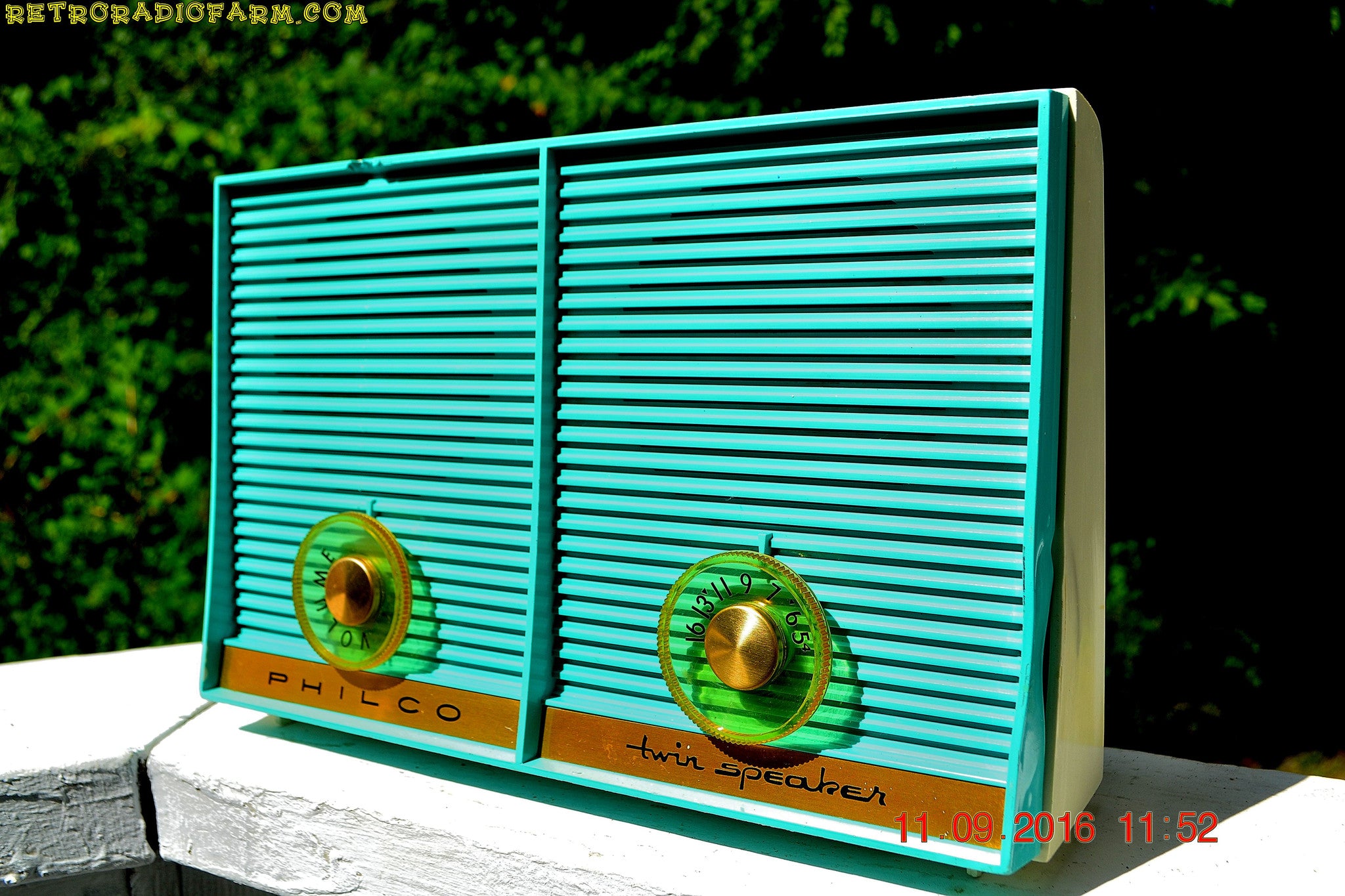 SOLD! - Dec 10. 2017 - TURQUOISE Twin Speaker Retro Vintage 1959 Philco Model J-845-124 AM Tube Radio Totally Restored! - [product_type} - Philco - Retro Radio Farm