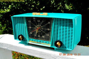 SOLD! - Sept 21, 2016 - PURE TURQUOISE Mid Century Retro Jetsons Vintage 1956 Firestone Model 4A-191 AM Tube Clock Radio True Survivor! - [product_type} - Firestone - Retro Radio Farm