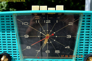 SOLD! - Sept 21, 2016 - PURE TURQUOISE Mid Century Retro Jetsons Vintage 1956 Firestone Model 4A-191 AM Tube Clock Radio True Survivor! - [product_type} - Firestone - Retro Radio Farm