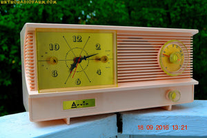 SOLD! - Sept 26, 2016 - POWDER PINK Vintage Antique Mid Century 1961 Arvin Model 51R23 Tube AM Clock Radio Restored and Rare! - [product_type} - Arvin - Retro Radio Farm