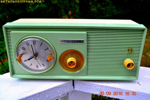 SOLD! - Dec 18, 2016 - PASTEL GREEN Retro Jetsons 1958 Motorola 5C23GW Tube AM Clock Radio Beautiful! - [product_type} - Motorola - Retro Radio Farm