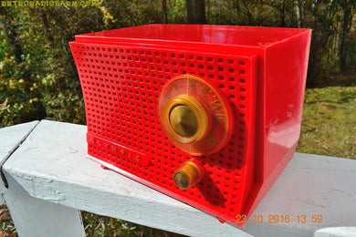 SOLD! - Dec 10, 2017 - SCARLET Red Mid Century Retro Jetsons 1959 Olympic Model 407 Tube AM Radio Works Great!