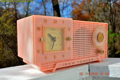 SOLD! - Nov 7, 2016 - PARK AVE PINK Mid Century Retro Jetsons 1956 New Yorker AM Clock Radio Marilyn Approves! - [product_type} - New Yorker - Retro Radio Farm