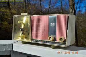 SOLD!- Dec 15, 2016 - DAISY PINK and Beige Motorola C18 Clock Radio 1963 Tube AM Clock Radio Totally Restored! Rare! - [product_type} - Motorola - Retro Radio Farm