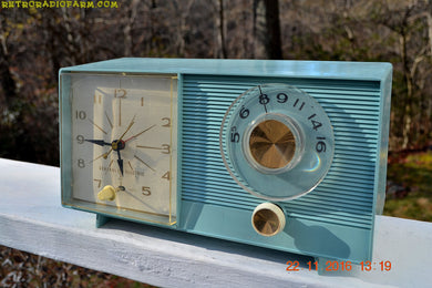 SOLD! - Nov 26, 2016 - BLUETOOTH MP3 READY - Powder Blue Mid Century Jetsons 1959 General Electric Model C-404B Tube AM Clock Radio Near Mint! - [product_type} - General Electric - Retro Radio Farm
