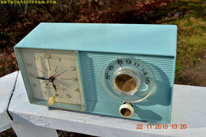 SOLD! - Nov 26, 2016 - BLUETOOTH MP3 READY - Powder Blue Mid Century Jetsons 1959 General Electric Model C-404B Tube AM Clock Radio Near Mint! - [product_type} - General Electric - Retro Radio Farm