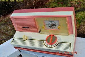 SOLD! - May 16, 2017 - DUSTY ROSE METALLIC and PINK Mid Century Retro Jetsons Vintage 1960 Sylvania Model 5C12 AM Tube Clock Radio Unique Works Great! - [product_type} - Sylvania - Retro Radio Farm