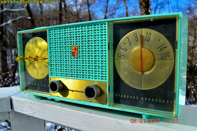 SOLD! - Dec 1, 2017 - STUNNING AQUA BLUE Mid Century Retro Jetsons 1957 Magnavox C5 Tube AM Clock Radio Works Great!
