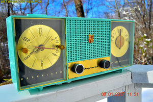 SOLD! - Dec 1, 2017 - STUNNING AQUA BLUE Mid Century Retro Jetsons 1957 Magnavox C5 Tube AM Clock Radio Works Great! - [product_type} - Magnavox - Retro Radio Farm