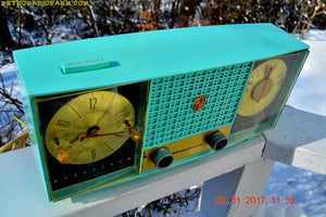 SOLD! - Dec 1, 2017 - STUNNING AQUA BLUE Mid Century Retro Jetsons 1957 Magnavox C5 Tube AM Clock Radio Works Great! - [product_type} - Magnavox - Retro Radio Farm