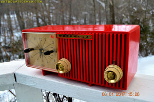 SOLD! - Apr 28, 2017 - CARDINAL Red Retro Jetsons 1957 Motorola Model 56CS34 Tube AM Clock Radio Totally Restored!