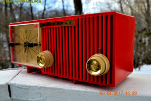 SOLD! - Apr 28, 2017 - CARDINAL Red Retro Jetsons 1957 Motorola Model 56CS34 Tube AM Clock Radio Totally Restored! - [product_type} - Motorola - Retro Radio Farm