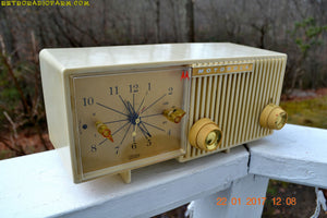 SOLD! - Aug 21, 2018 - IVORY Mid Century Retro Vintage Antique Motorola 1957 Model 57CF1 Clock Radio Tube AM Clock Radio Near Mint! - [product_type} - Motorola - Retro Radio Farm